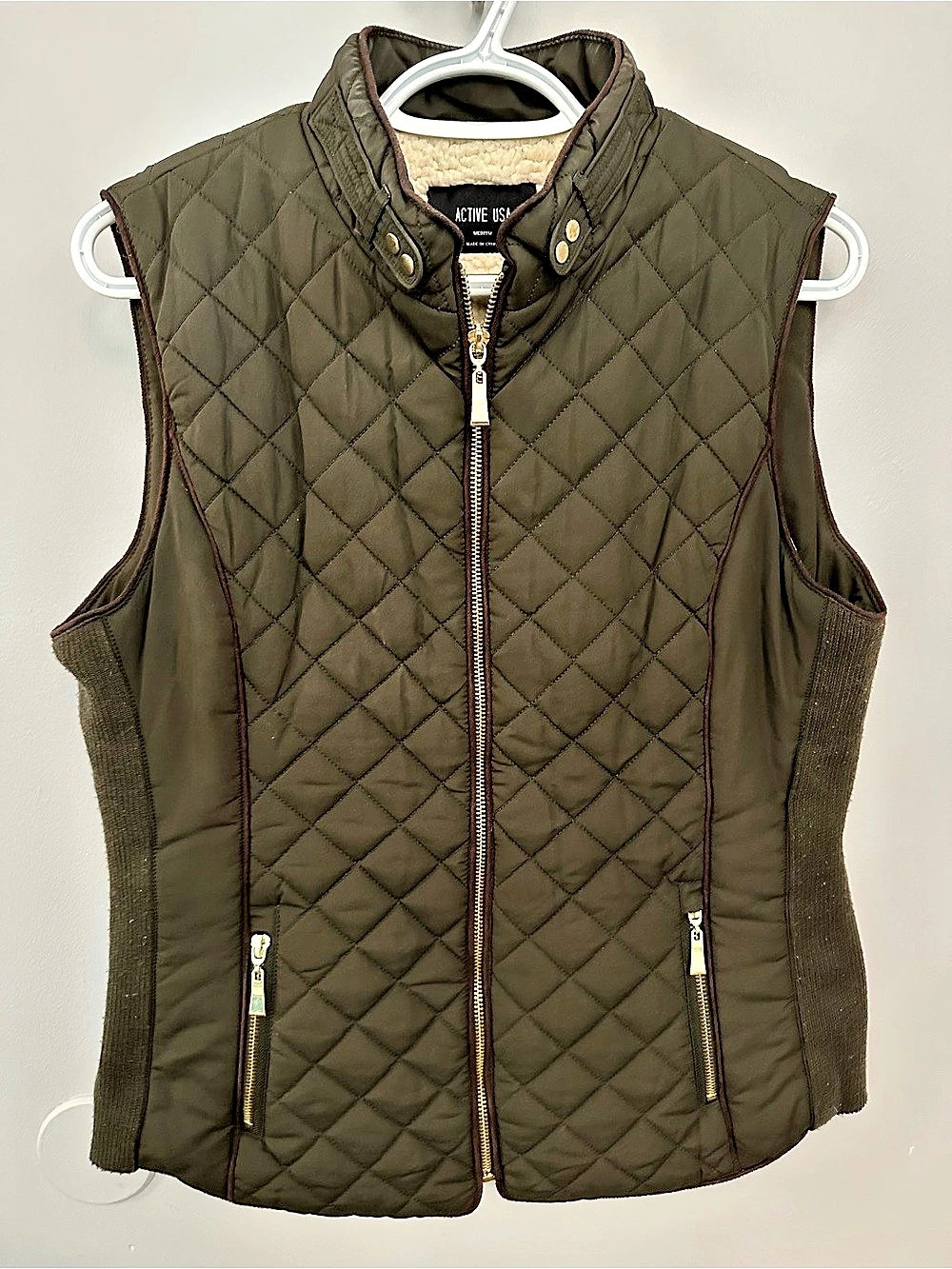 Active USA Quilted Sherpa-Lined Puffer Vest Brown & Cream Medium